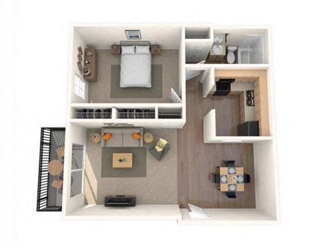 A top-down view of a small apartment with a kitchen, living room, and bathroom.